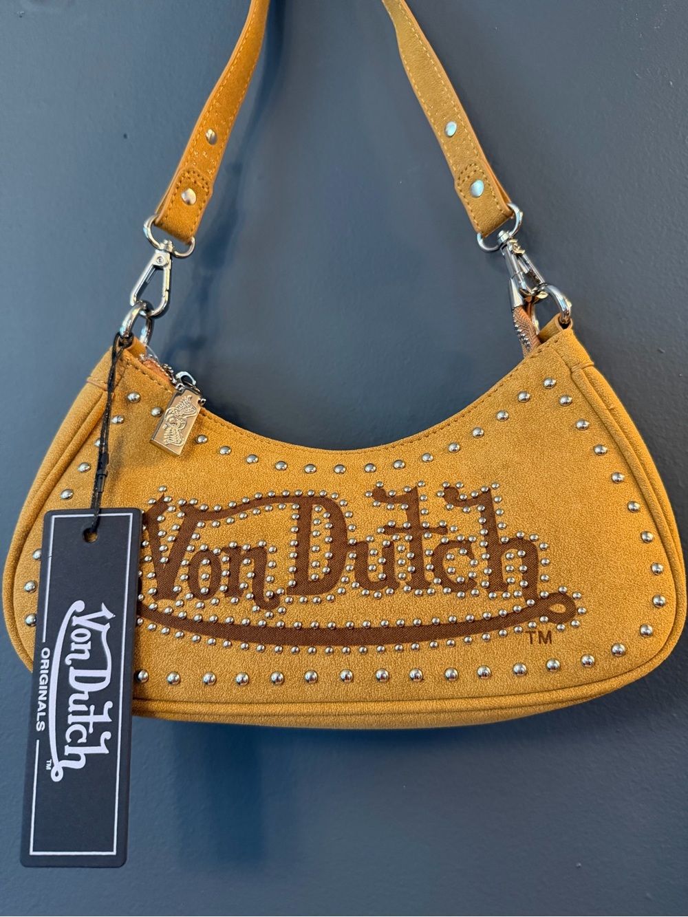 Von Dutch mustard yellow studded suede shoulder bag
